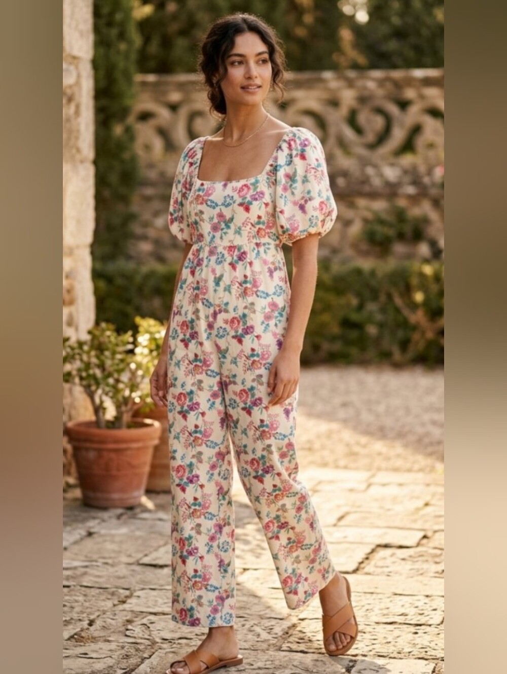 &merci Floral Puff-Sleeve Cream Jumpsuit